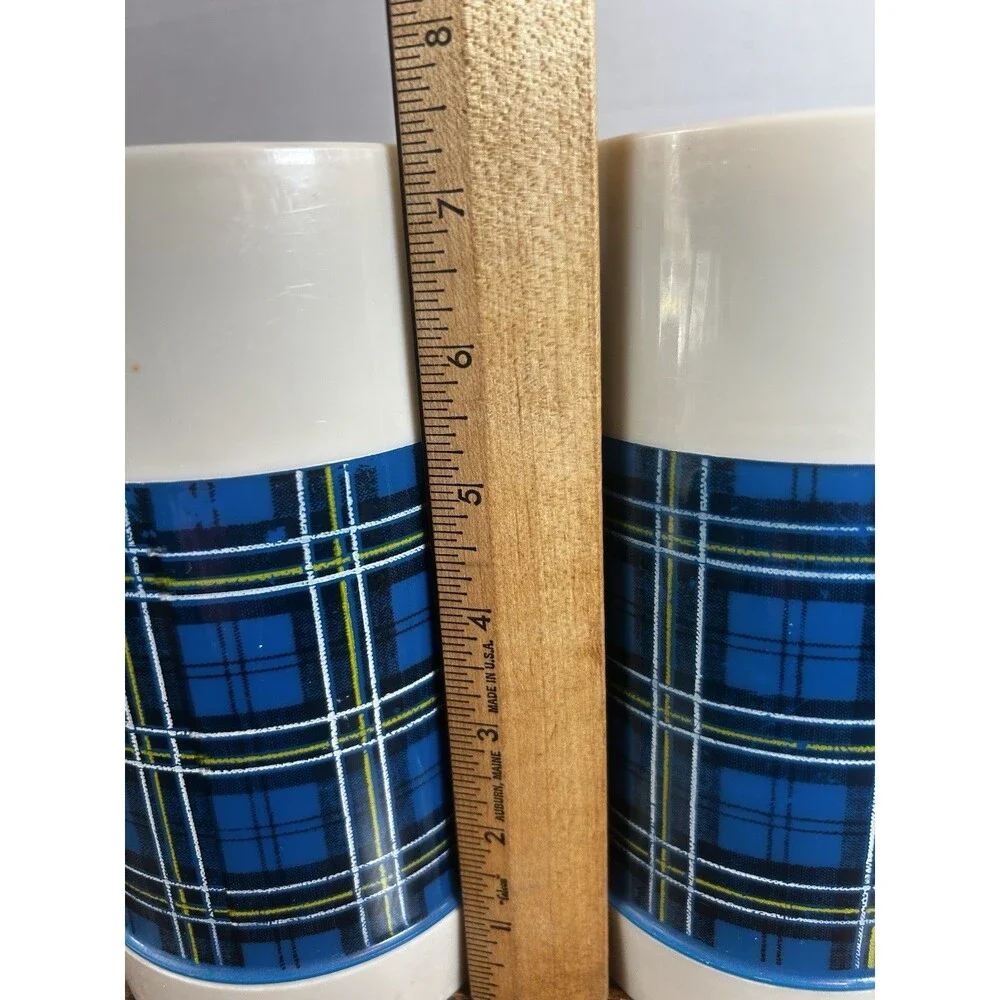 Vintage Aladdin Best Buy Blue Plaid Pint Wide Mouth Thermos Bottle USA Lot of 2